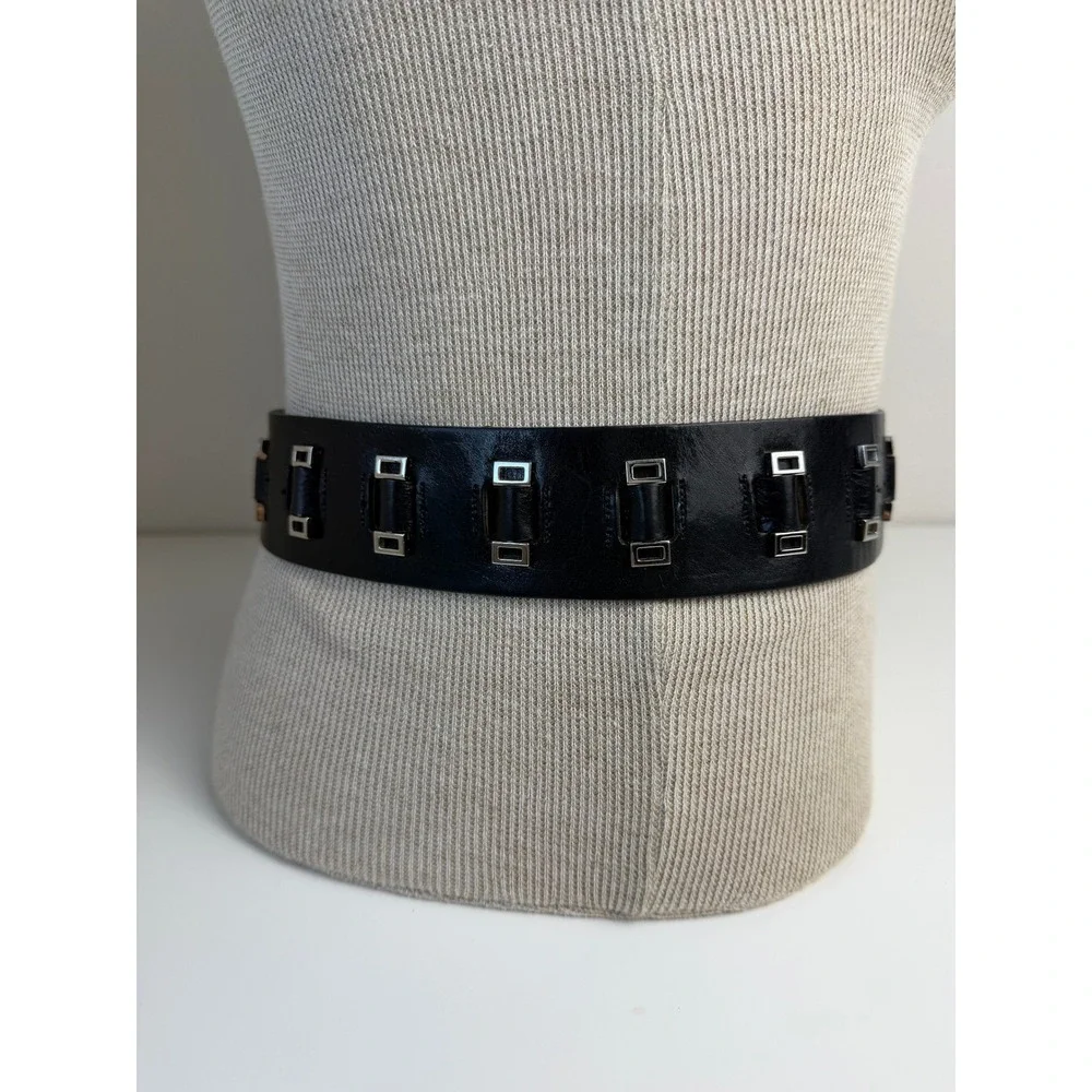 DKNY Womens Leather Wide Belt XL Black Silver Hardware Studded Statement 40